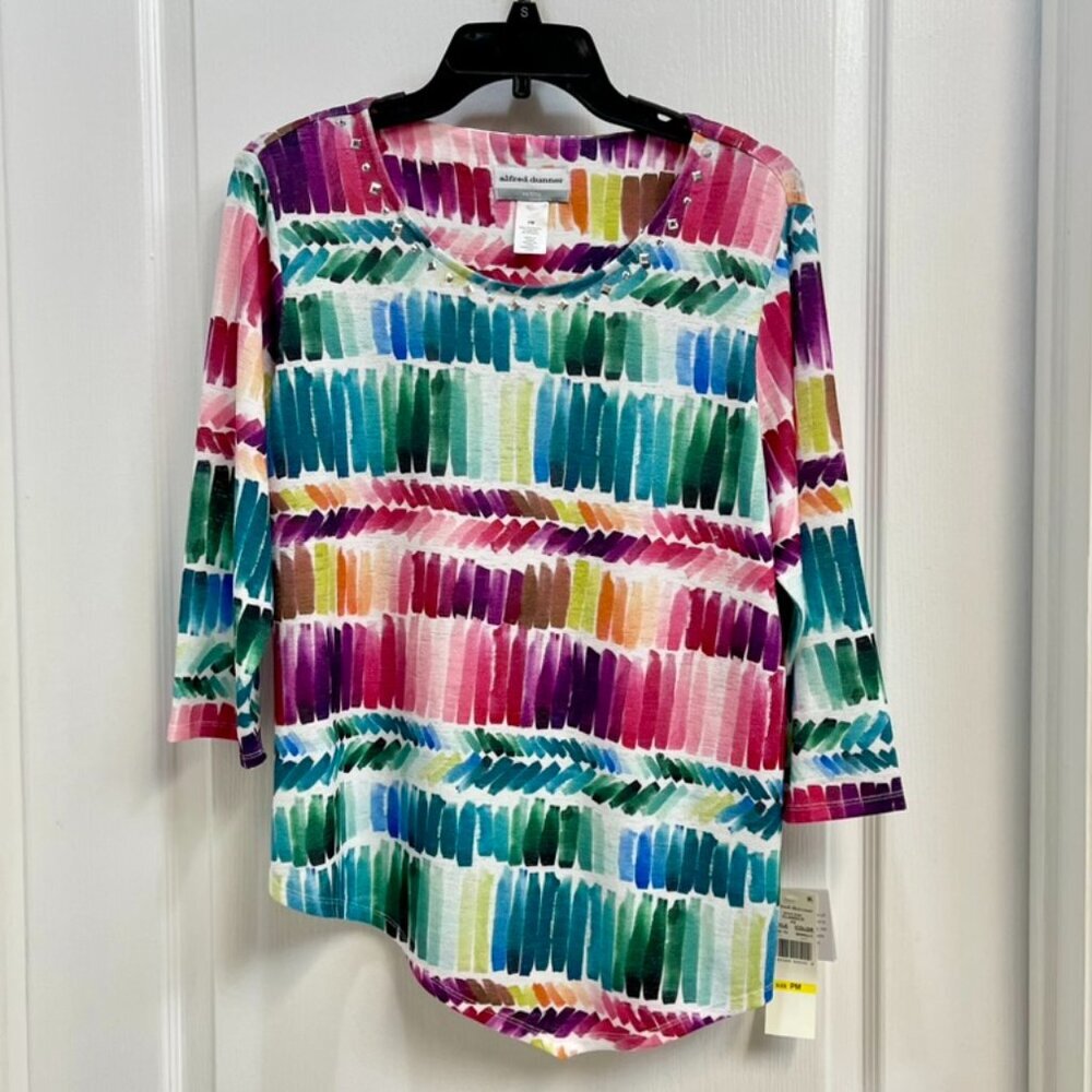 Alfred Dunner Petite PM Colorful Brushstroke Top, 3/4 Sleeve, Asymmetric Hem NWT